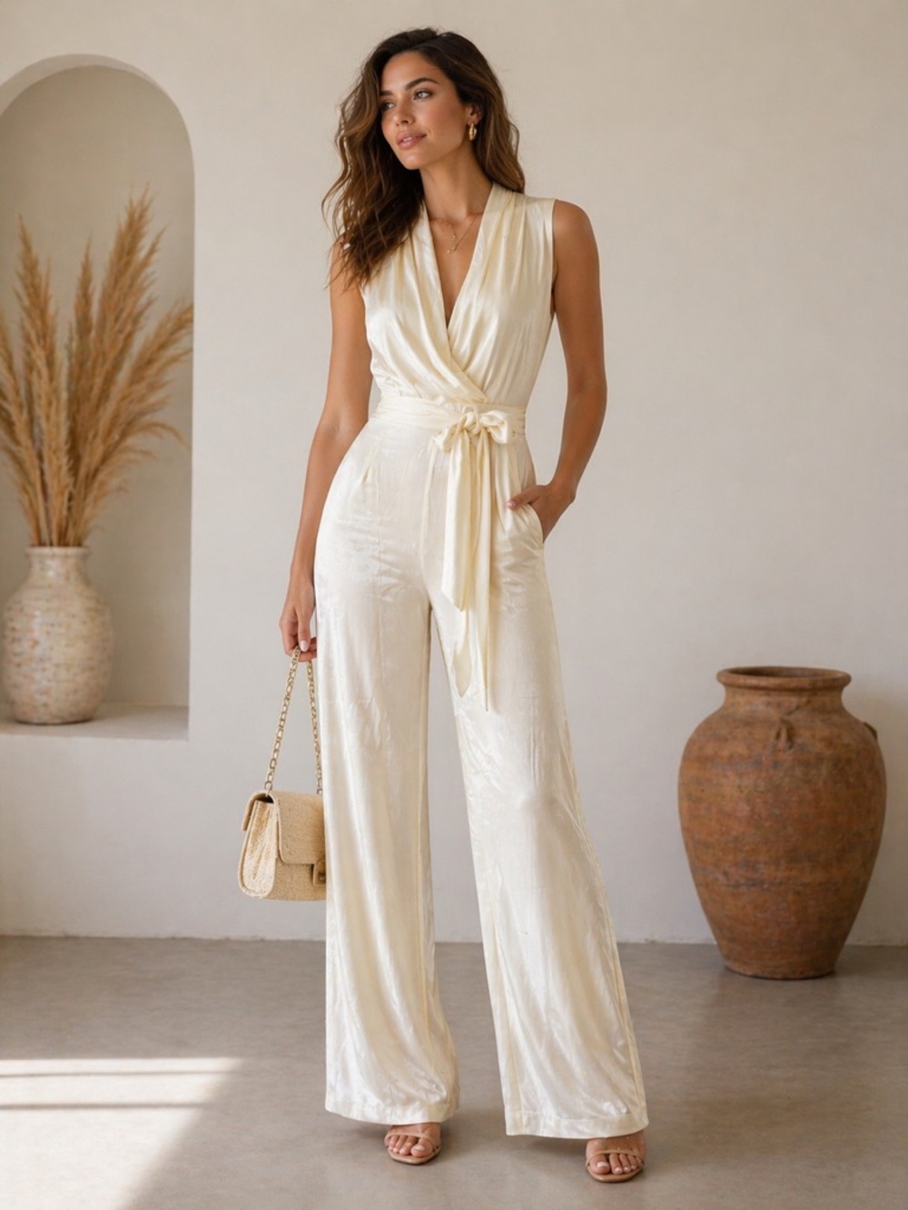 NWOT-BCBGMaxAzria Ivory Sleeveless Wrap Jumpsuit with Waist Tie